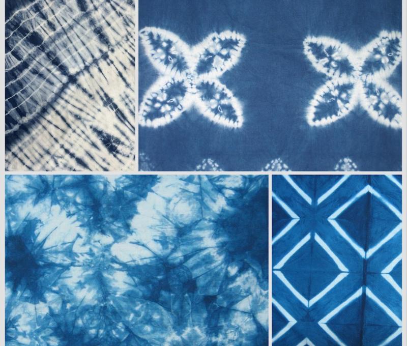 部分技法的藍染作品（照片拍攝者：蕭秀梅／拍照日期：2025/6/1）