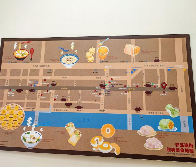 門口並展示新莊廟街的景點與美食。照片拍攝者：海山文史團隊