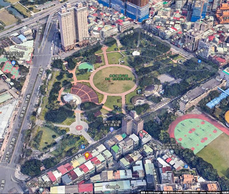 仁愛公園是永和市區內最大的公園綠地。照片來源：Google map