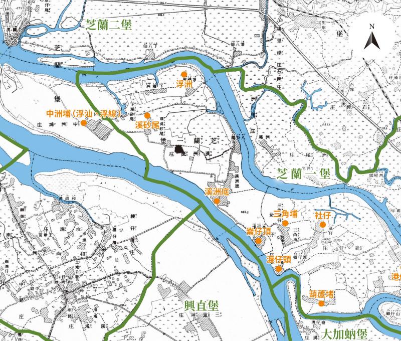 社子島聚落位置。/資料來源:毛毓翔製圖,底圖為〈臺灣堡圖〉(1904),《臺灣百年歷史地圖》,中央研究院人社中心GIS專題中心。《島都之河》,頁228。 社子島聚落位置。/資料來源:毛毓翔製圖,底圖為〈臺灣堡圖〉(1904),《臺灣百年歷史地圖》,中央研究院人社中心GIS專題中心。《島都之河》,頁228。