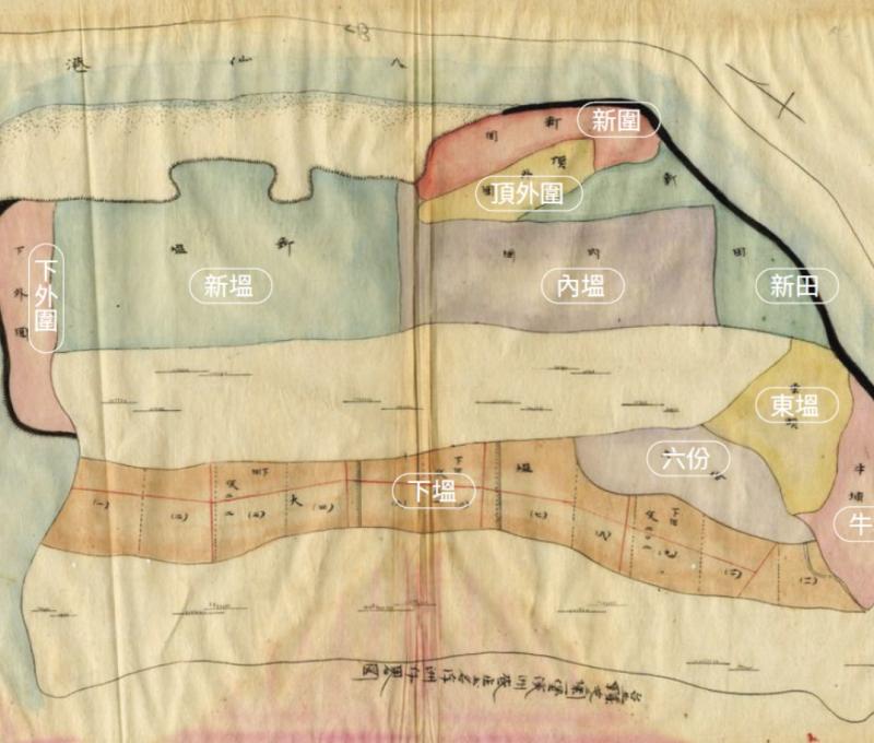 浮洲仔「十一份」共業地分區圖:北方朝左上,圖中色塊代表十區,每區再分成十一份。/資料來源:〈芝蘭一堡第一派出所共業田園整理方ノ件〉(1900),《臺灣總督府公文類纂》,中央研究院臺灣史研究所檔案館典藏。《島都之河》,頁233。 浮洲仔「十一份」共業地分區圖:北方朝左上,圖中色塊代表十區,每區再分成十一份。/資料來源:〈芝蘭一堡第一派出所共業田園整理方ノ件〉(1900),《臺灣總督府公文類纂》,中央研究院臺灣史研究所檔案館典藏。《島都之河》,頁233。