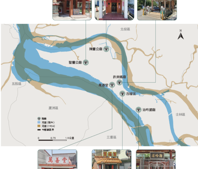 社子島陰廟信仰分布圖/資料來源:毛毓翔製圖、拍攝(2025年4月22日)。《島都之河》,頁256。 社子島陰廟信仰分布圖/資料來源:毛毓翔製圖、拍攝(2025年4月22日)。《島都之河》,頁256。